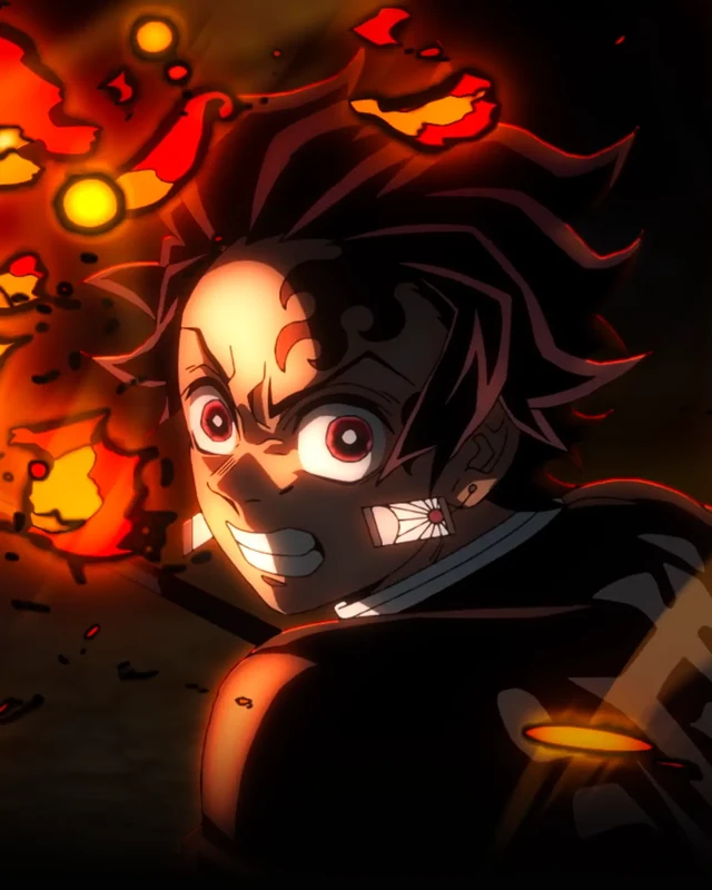 Tanjiro looks back amid orange flames.