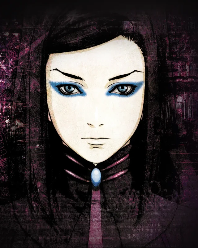 Re-l’s pale face and blue eyes emerge against a dark textured background.