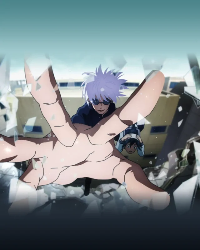 Gojo extends his hand through a field of broken glass.