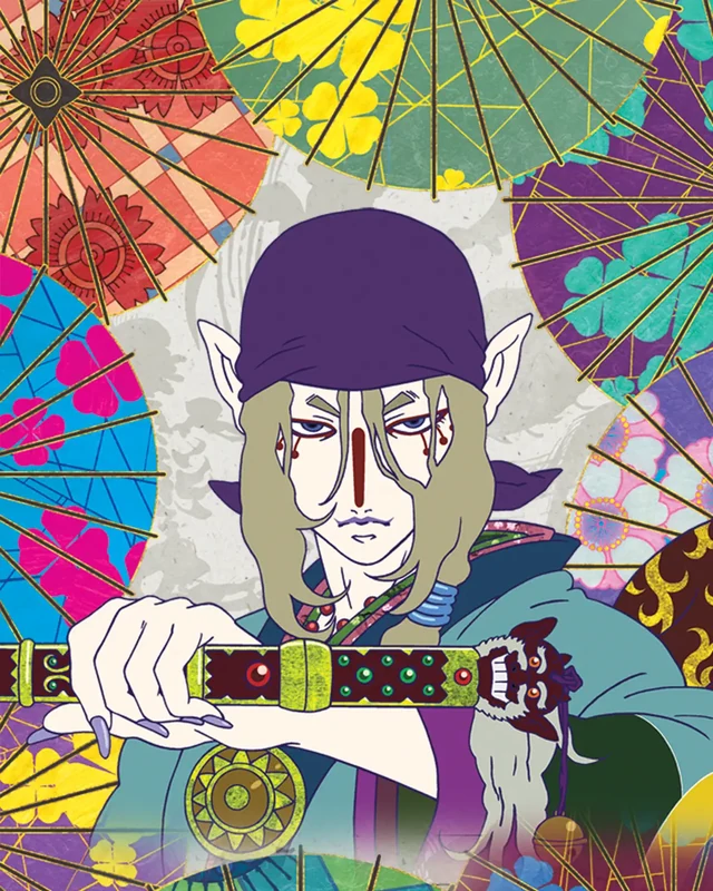The Medicine Seller holds his sword against a field of colourful umbrellas.