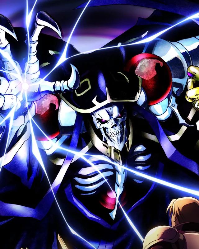 Ainz raises a skeletal hand amid blue light.