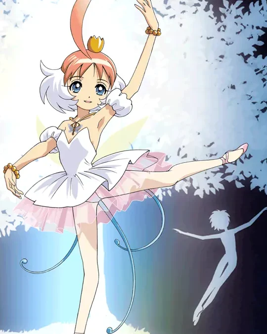 Princess Tutu dances in a white and pink ballet costume.