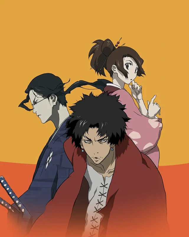 Mugen stands in front of Jin and Fuu against an orange background.