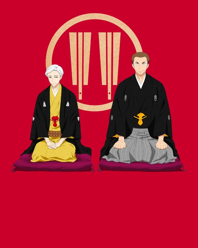 Two rakugo performers kneel on cushions before a red backdrop.