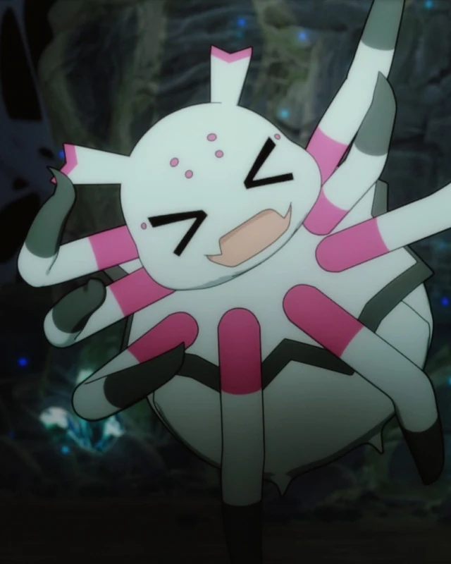 The small white-and-pink spider raises her legs inside a cavern.