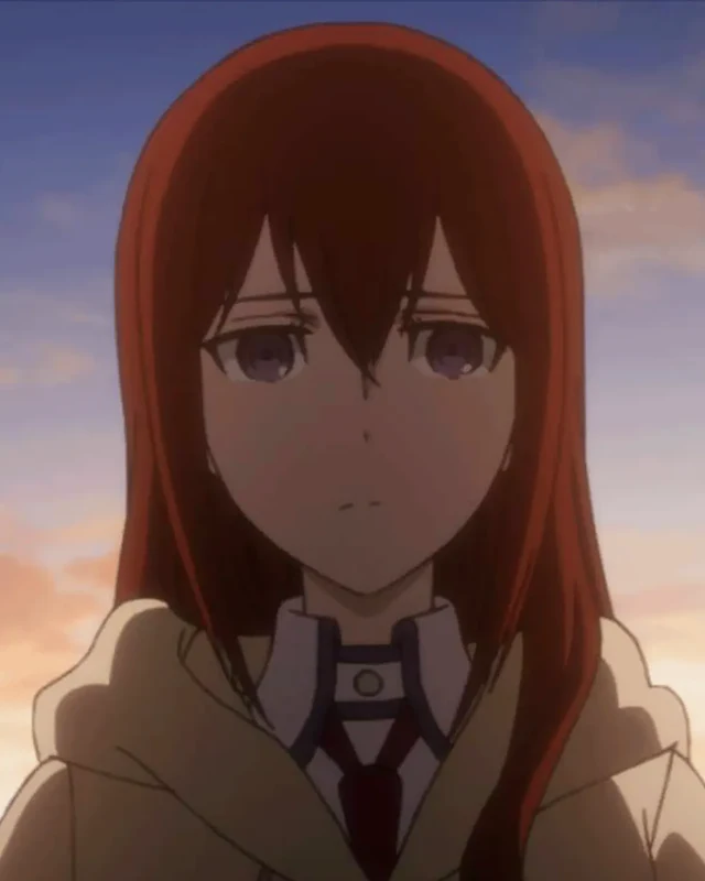 A red-haired young woman stands beneath an evening sky.