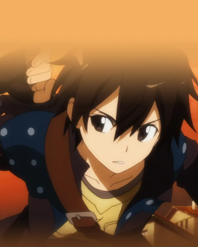 Kirito raises a weapon above his dark coat.