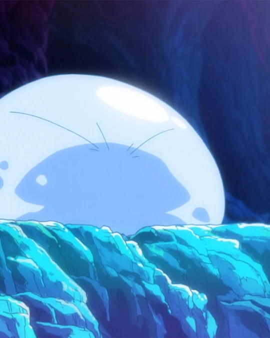 Rimuru’s blue slime body rests on a rock inside a luminous cavern.