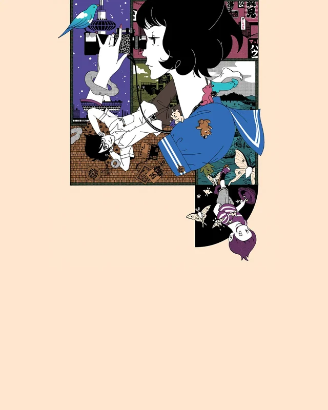 A collage of people and objects gathers around a woman in blue.