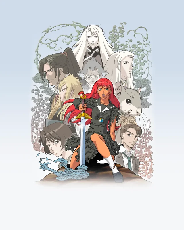 Yoko stands before an ensemble of people and creatures.