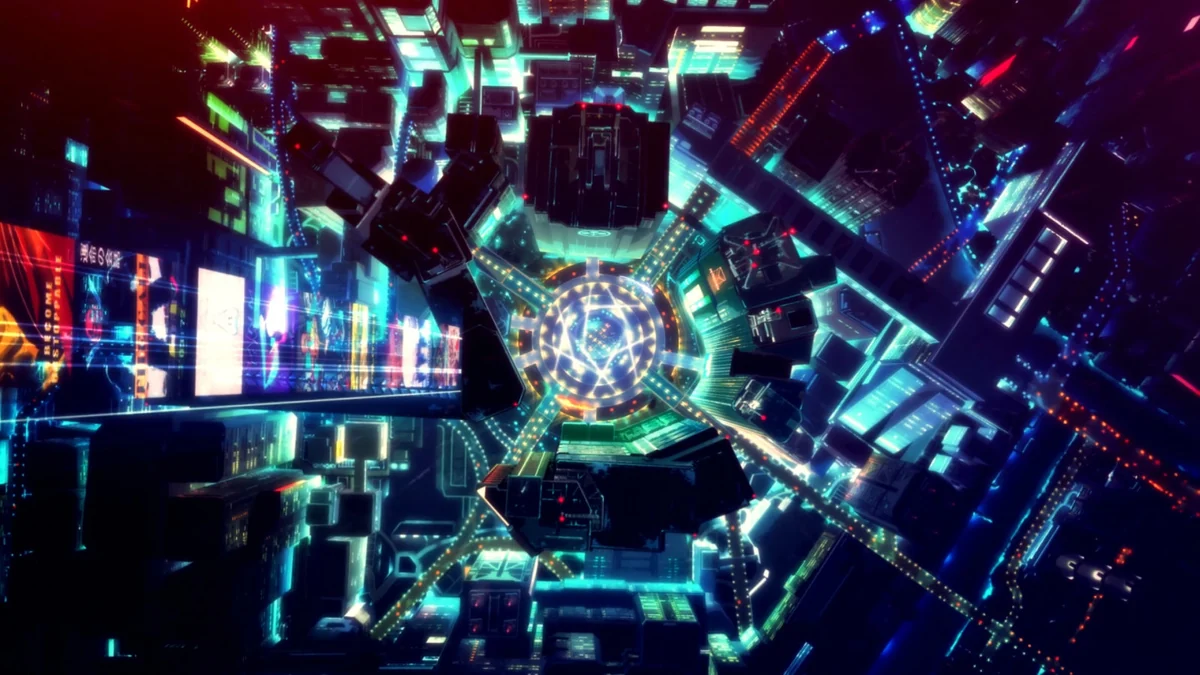 An overhead view looks between brightly lit Night City towers towards a circular junction far below.
