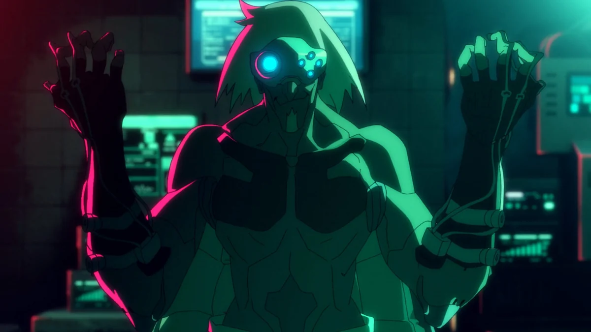 Doc raises his mechanical hands in a neon-lit clinic, holding a thin instrument while illuminated optics cover his eyes.