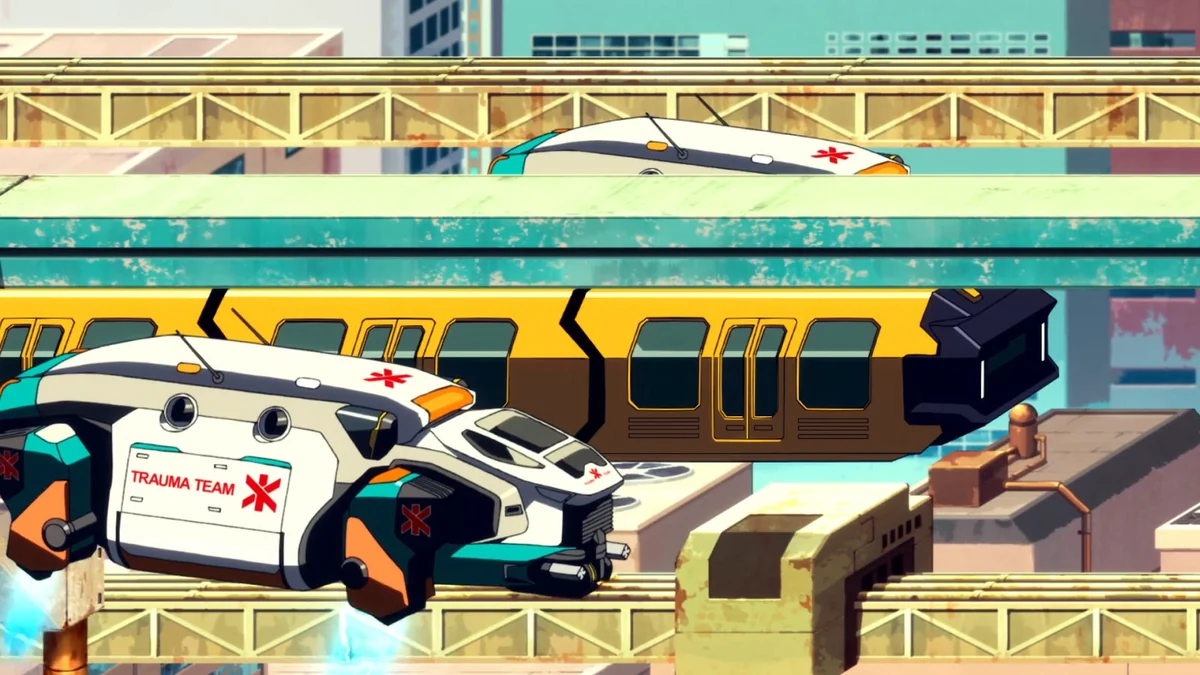 White-and-turquoise Trauma Team medical vehicles fly beside elevated tracks, a yellow train and city buildings.
