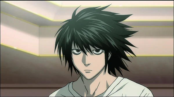 L, with dark hair and shadowed eyes, looks sideways while wearing a white shirt.