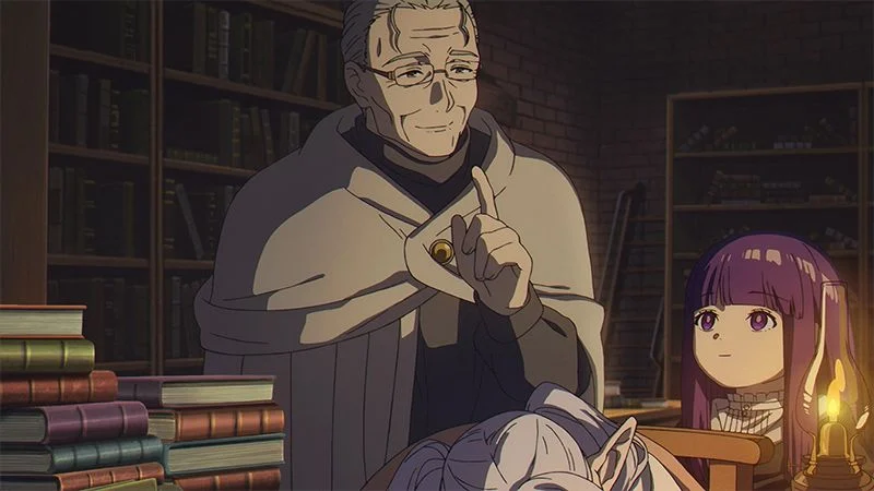 Heiter raises a finger beside stacks of books; young Fern watches, with Frieren's head resting on the desk in front.