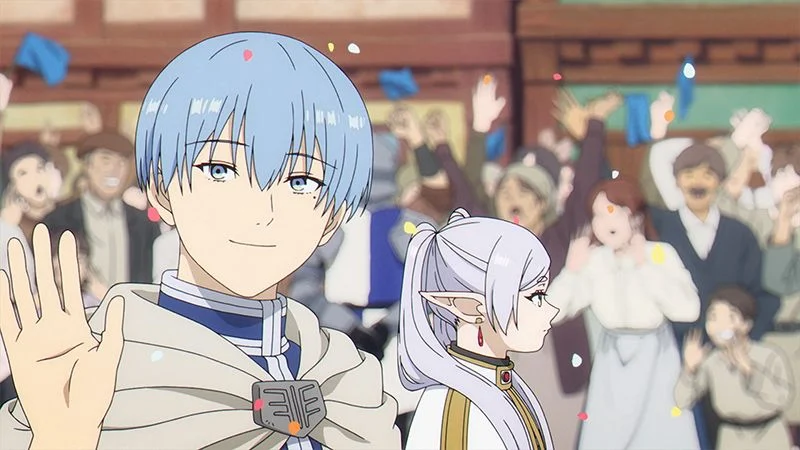 Himmel waves to the crowd while Frieren faces away beside him.