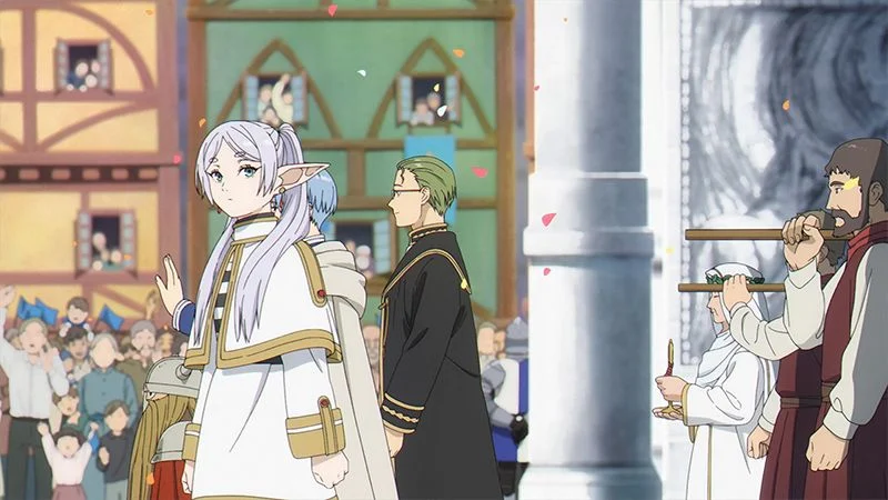 Frieren walks through a cheering town with Himmel and Heiter behind her.