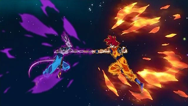 Red-haired Goku and Beerus meet fists amid orange and purple energy.