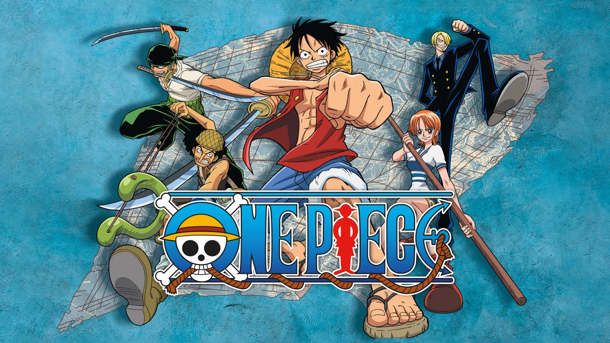 Luffy, Zoro, Nami, Usopp and Sanji in their early designs against a blue map background, with the One Piece logo across the foreground.
