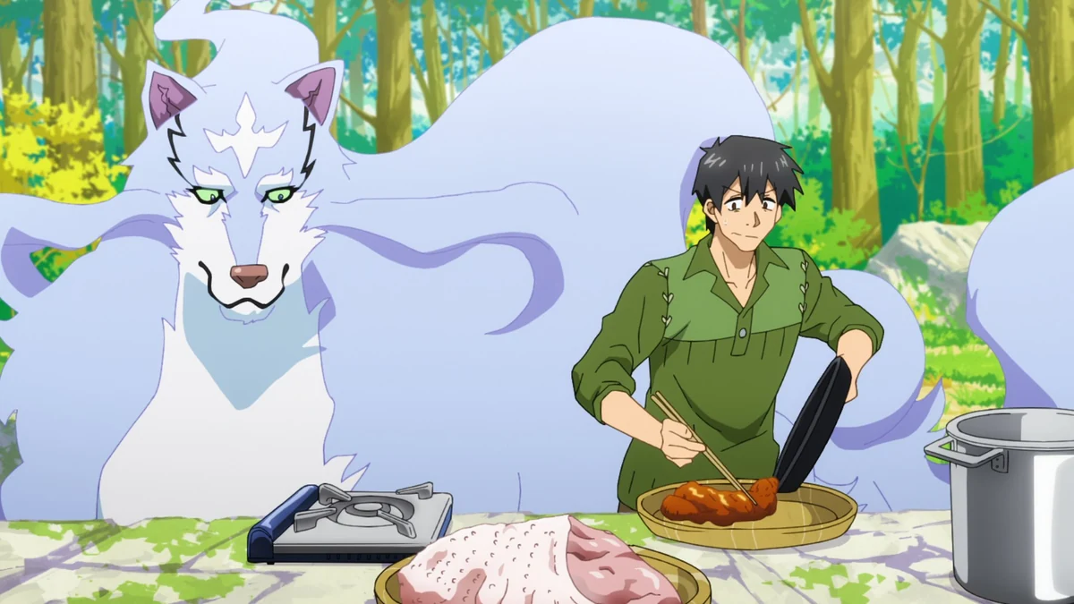 Mukohda serves a piece of cooked meat from a frying pan while the enormous white wolf Fel waits beside him in a sunny forest.