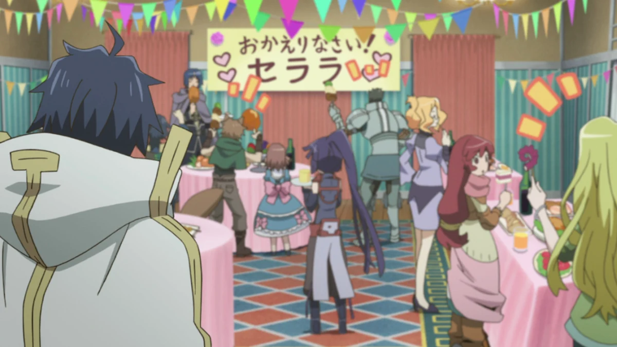 Shiroe looks towards a brightly decorated guild gathering, with tables, drinks and companions beneath colourful bunting.
