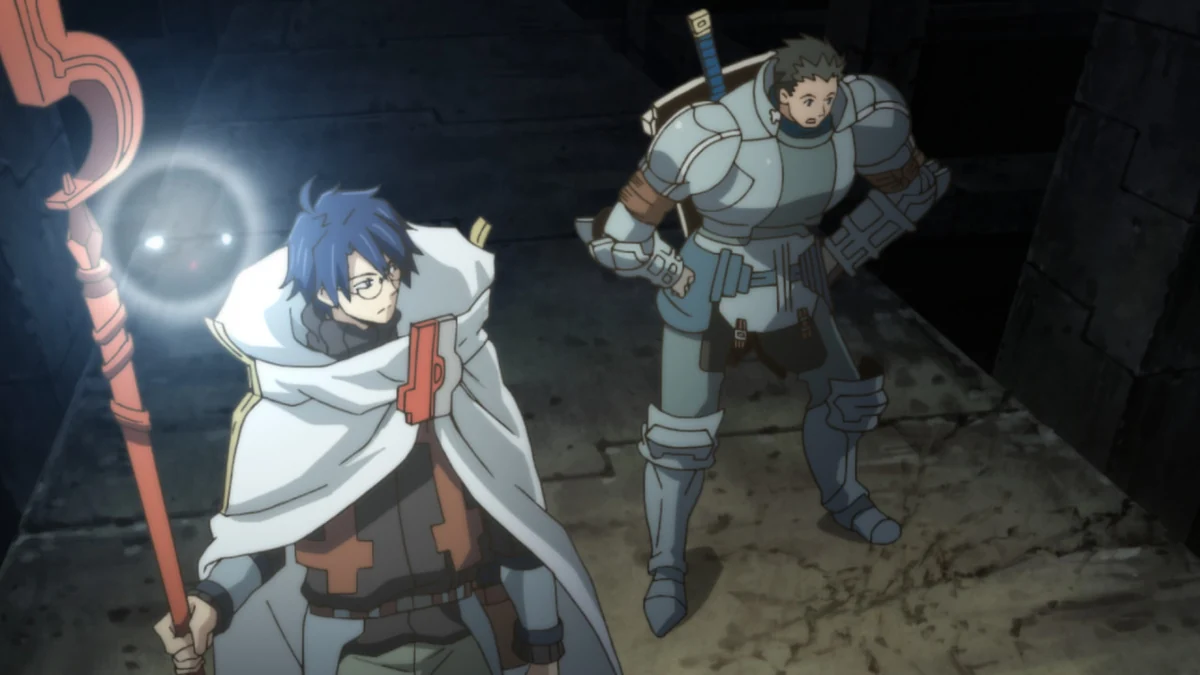 Shiroe holds a staff with a glowing orb while the armoured Naotsugu stands behind him in a stone passage.