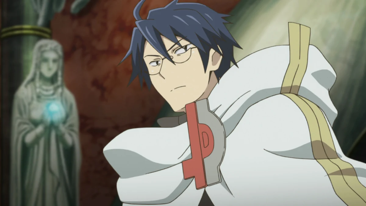 Shiroe, wearing glasses and a high white collar, looks sideways inside a hall with a statue behind him.