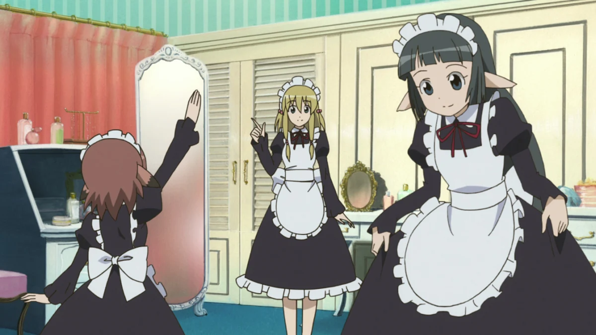 Three guild members try on black-and-white maid uniforms in a room with mirrors and pink curtains.