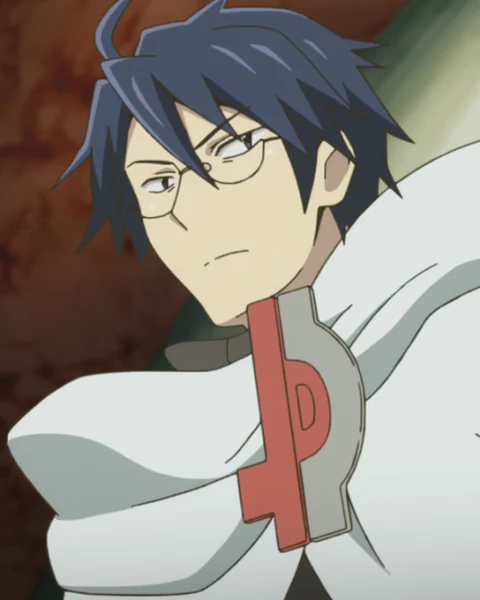 Shiroe looks sideways through his glasses above the high white collar of his coat.