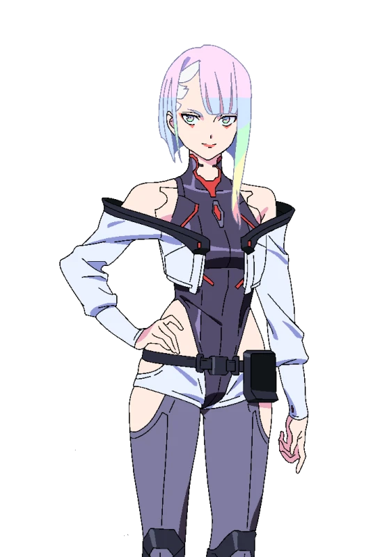 Lucy with pale multicoloured hair, a dark bodysuit and a white jacket slipping from her shoulders.
