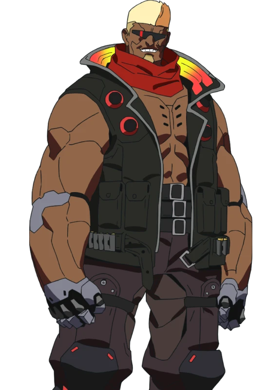Maine, a broad-shouldered man with a blond flat-top, dark glasses, a red scarf and large cybernetic arms.