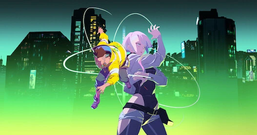 David in a yellow jacket and white-haired Lucy pose back to back against a green-lit Night City skyline.