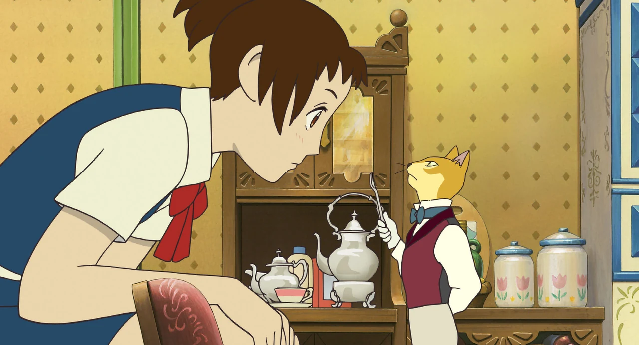 Haru bends towards the small Baron as he holds a spoon beside a tea service in his warmly furnished room.
