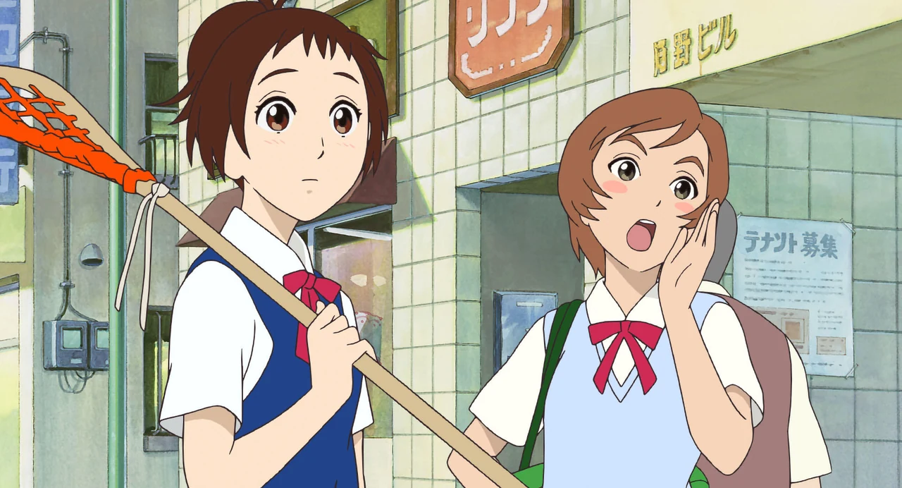 Haru holds a racquet beside her friend on a town street, both wearing school uniforms.
