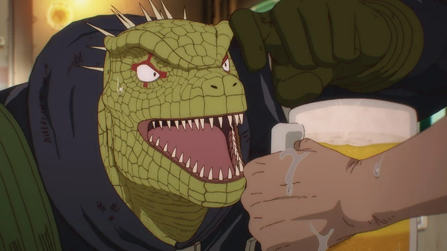Caiman grins with his reptilian jaws open as a foaming drink is held in front of him.