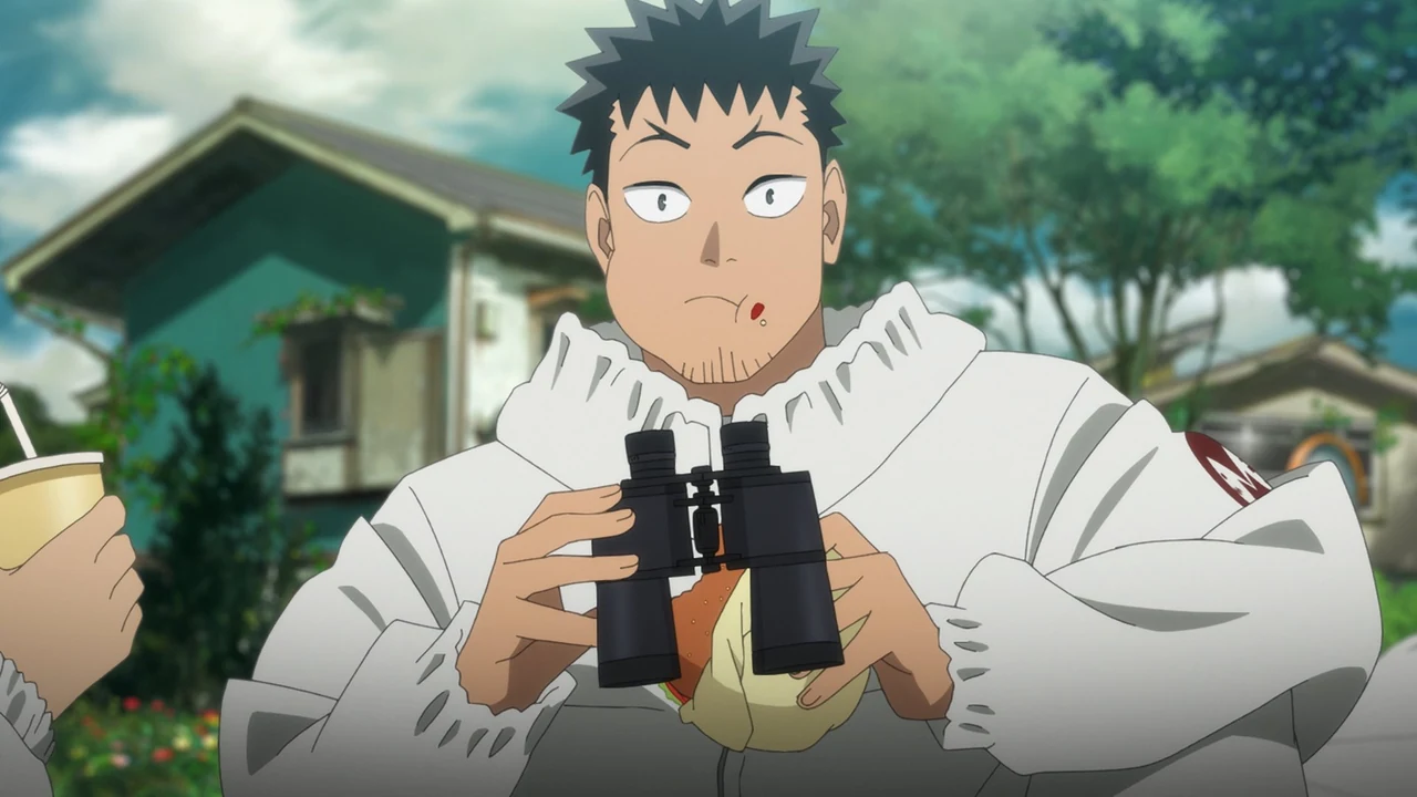 Kafka, in a white cleanup suit, holds binoculars and a half-eaten burger outdoors.