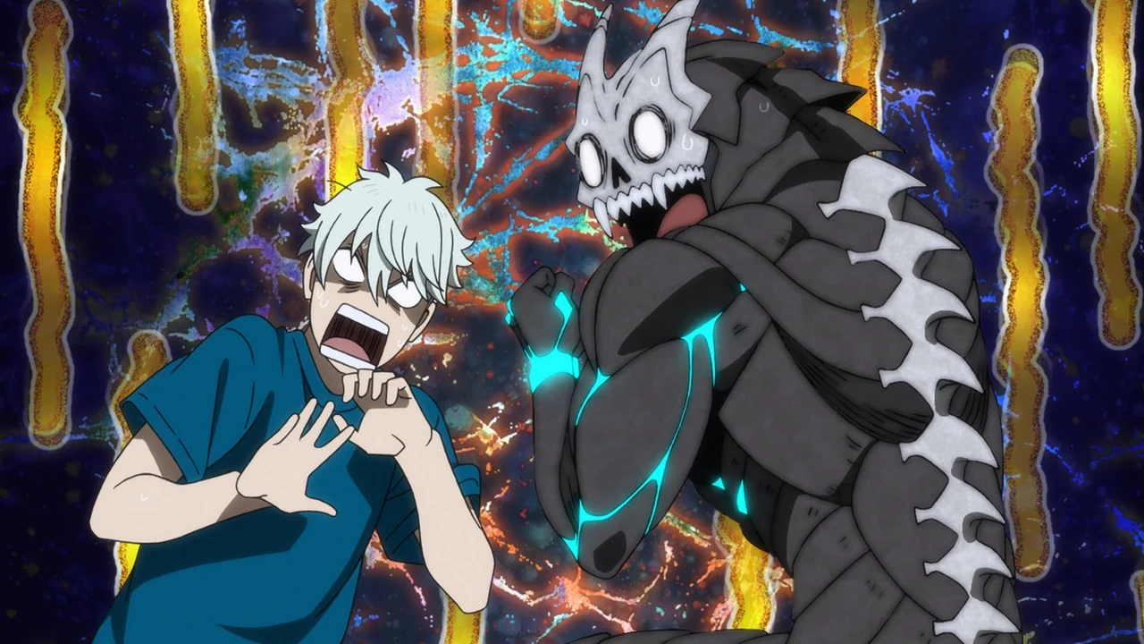 Reno and Kafka in his kaiju form recoil with wide eyes and open mouths against a streaked, colourful background.