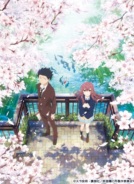 Two school students stand beside a river beneath flowering cherry trees.