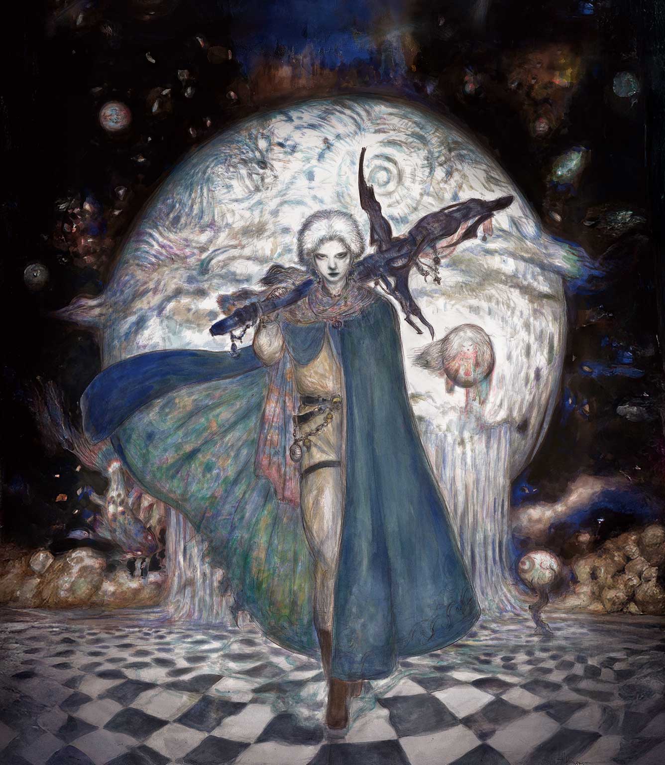 A pale-haired traveller carries a cross-shaped weapon before a luminous orb.
