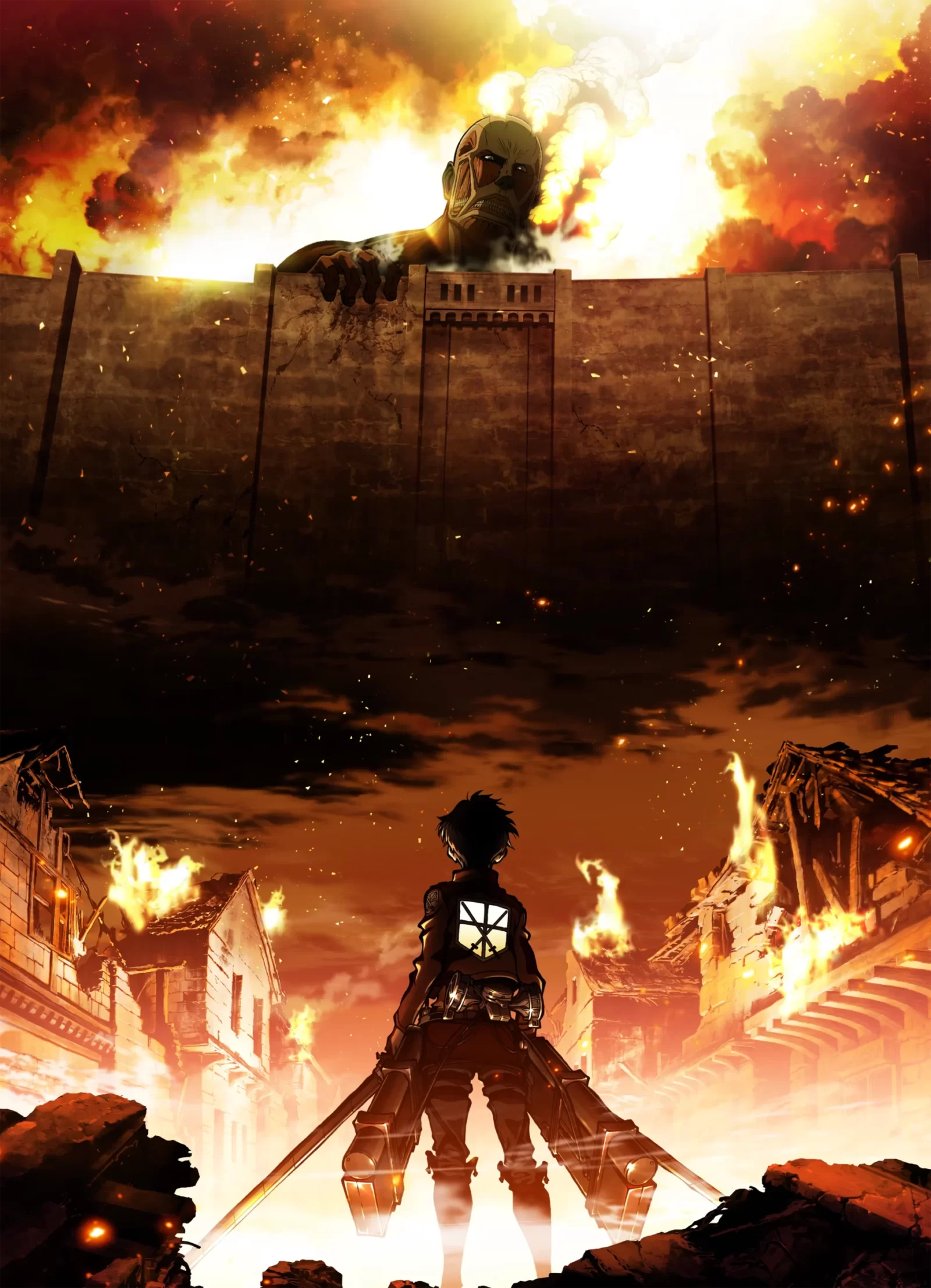 Eren faces the Colossal Titan above the burning city wall.