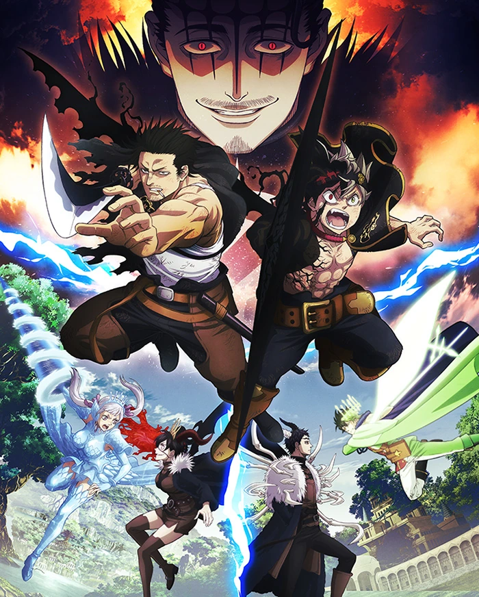 Two sword-wielding fighters lead an ensemble surrounded by flames and blue lightning.