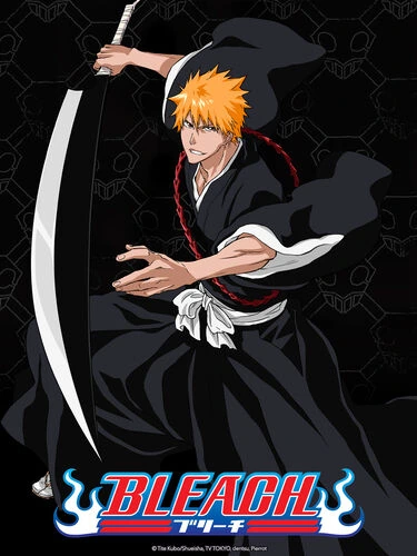 An orange-haired swordsman in black robes raises a broad blade above the Bleach logo.