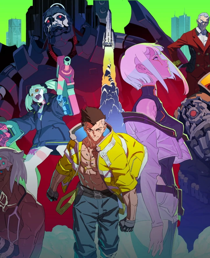 A fighter in a yellow jacket stands before a white-haired woman and an ensemble of armed figures.