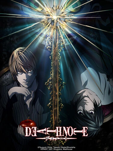 Two young men face opposite directions beneath a radiant cross, with a red apple beside the Death Note title.