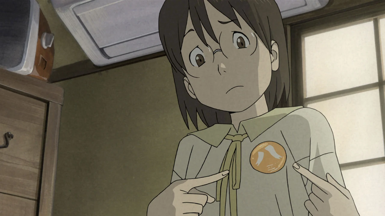 Yasako points at the round detective badge on her shirt.