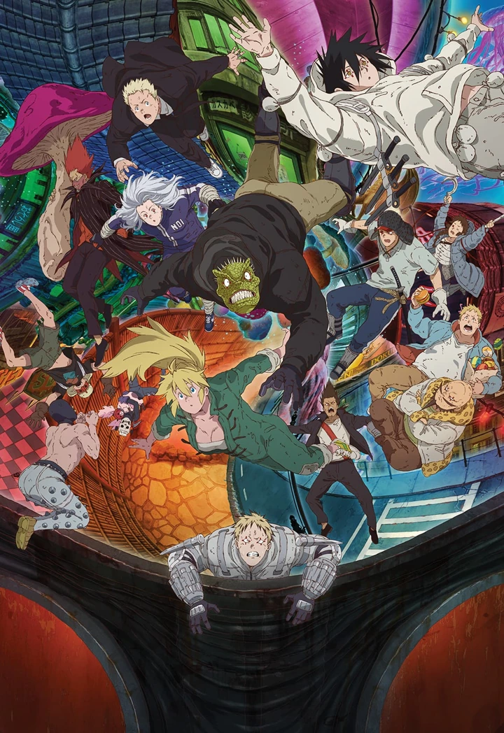 A reptile-headed man and a crowded ensemble tumble through a warped, colourful city.