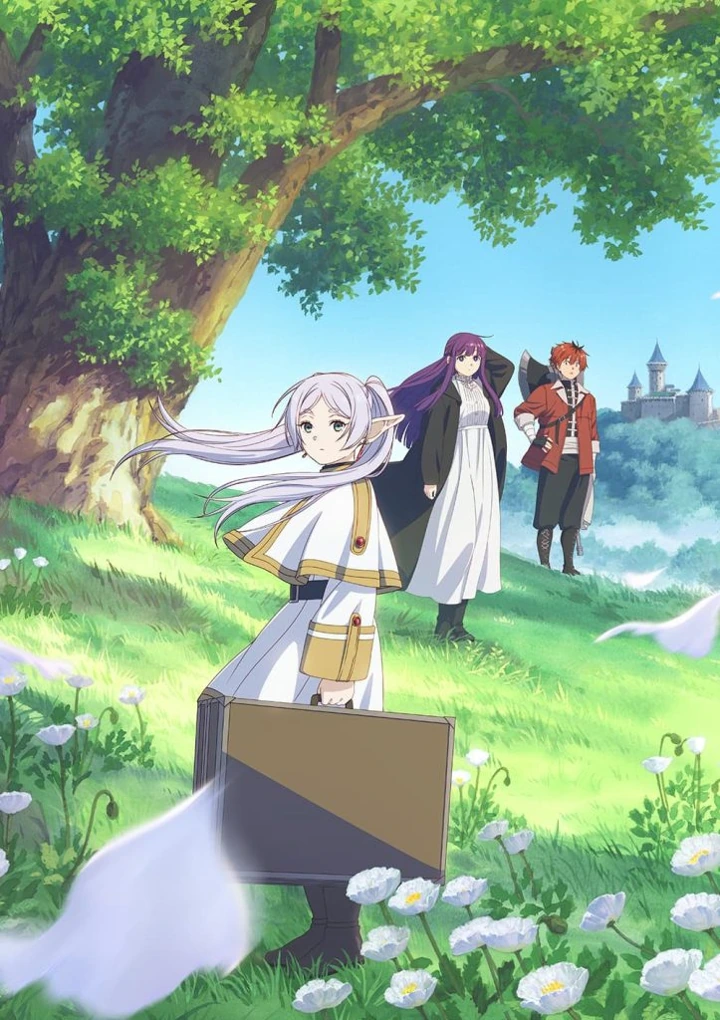 A white-haired elf carrying a suitcase looks back at two companions in a flowering meadow.
