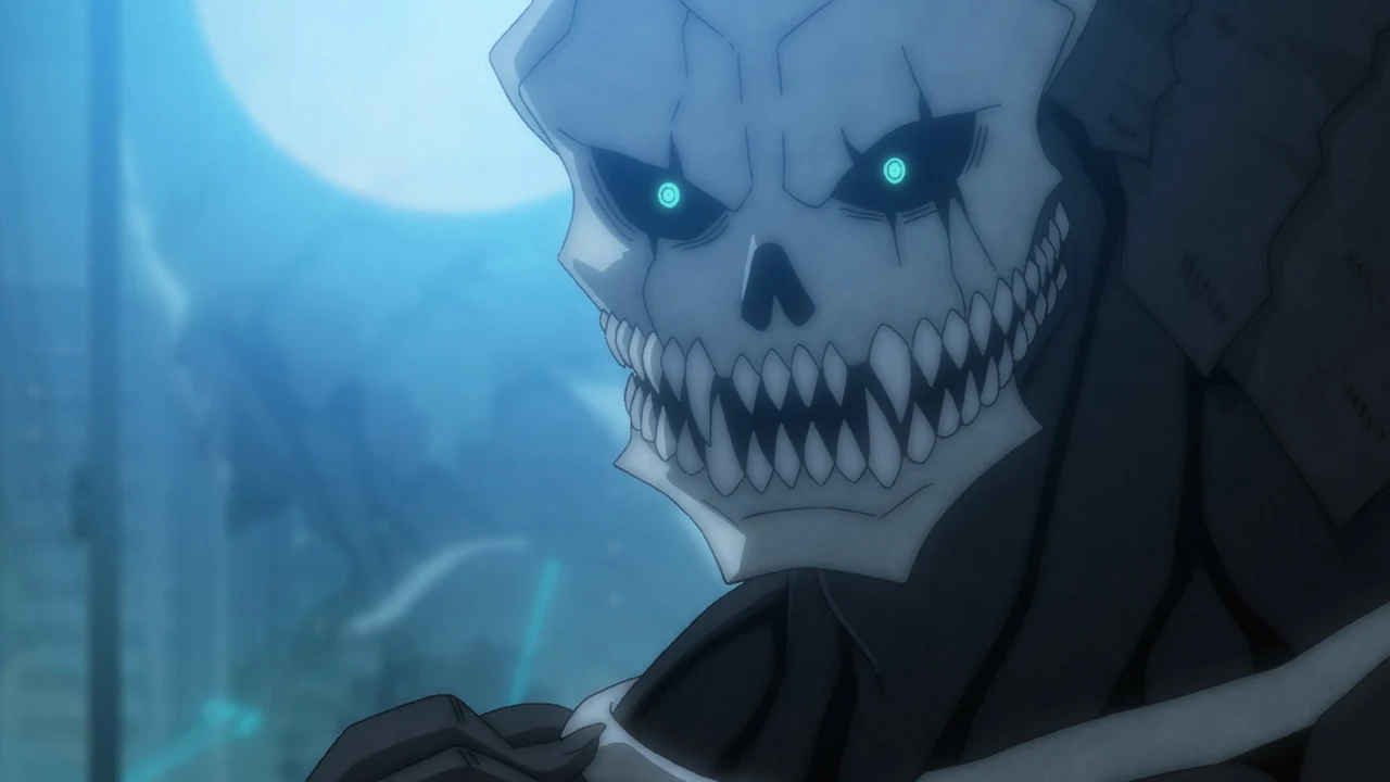 Kaiju No. 8's skull-like face and glowing eyes against a blue night background.
