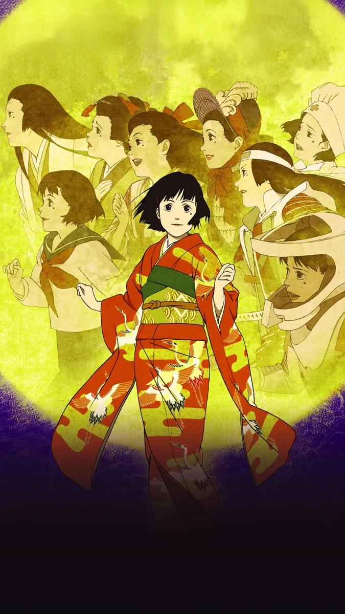 A young woman in a red kimono stands before portraits in costumes from different periods.