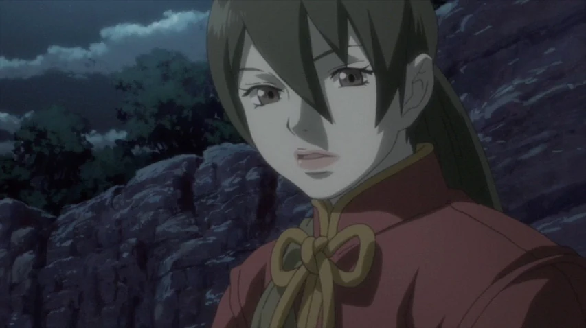 Balsa looks across a rocky landscape in an early Moribito episode.